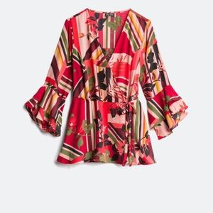 Floral Wrap Blouse - Red and Green